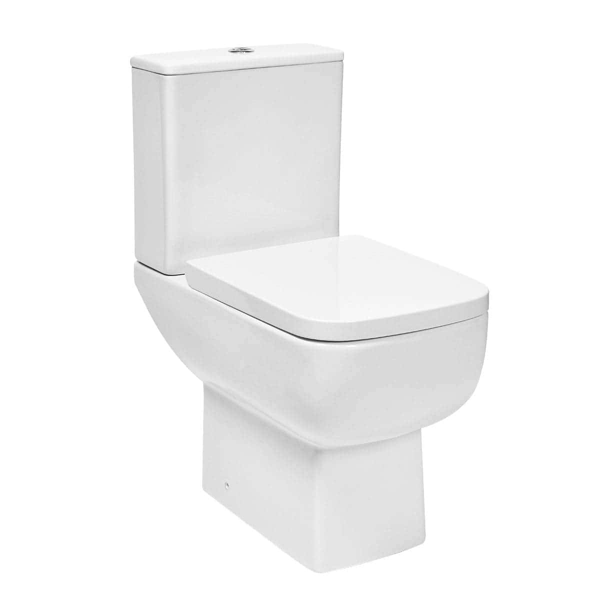 Sleek white close-coupled toilet with modern design, ideal for contemporary bathrooms and perfect for installing by Bubly Bathrooms.