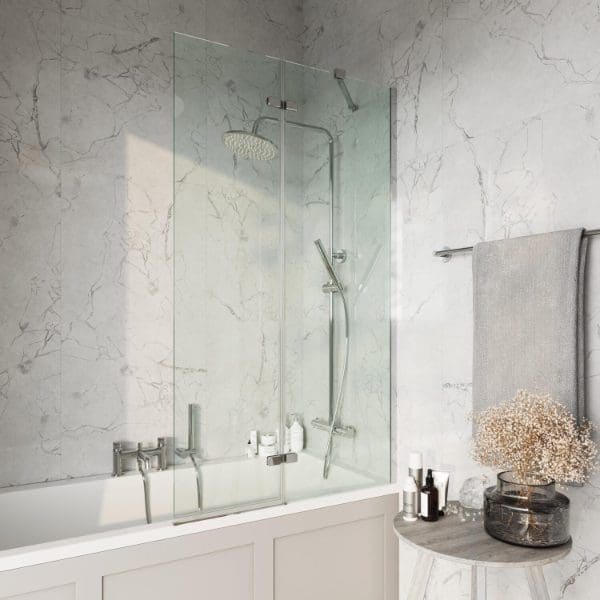 Modern bathroom shower enclosure with glass screen, elegant marble walls, and contemporary fixtures, creating a sleek and luxurious bathing space. Perfect for a stylish, functional bathroom upgrade.