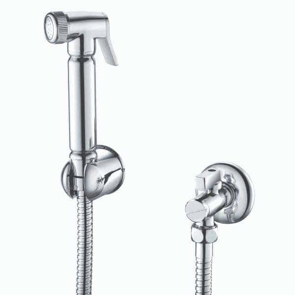 Chrome bathroom bidet spray with flexible hose and mounting bracket, ideal for modern bathroom fixtures. Durable, easy to install, and perfect for hygiene and versatile cleaning in Bubly Bathrooms.