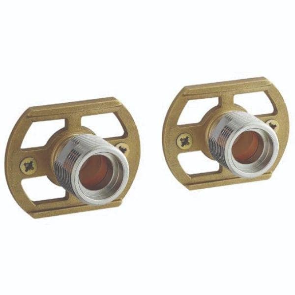 Brass bathroom lock escutcheons with silver threaded inserts for plumbing fixtures, ideal for bathroom renovation and plumbing projects.