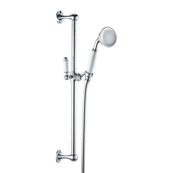 Shower hand spray with rail and hose for bathrooms, chrome finish, adjustable shower head, inclusive of wall brackets and fittings.