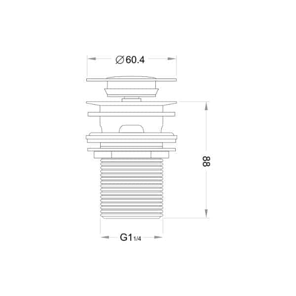 Ø60.4mm bathroom sink drain assembly technical drawing, showing detailed dimensions and threading for installation.