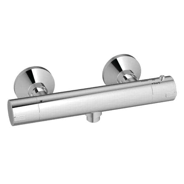 Modern chrome wall-mounted bathroom faucet with dual handle controls for hot and cold water. Designed for contemporary bathroom sinks, offering durability and sleek aesthetics. Perfect for upgrade projects.