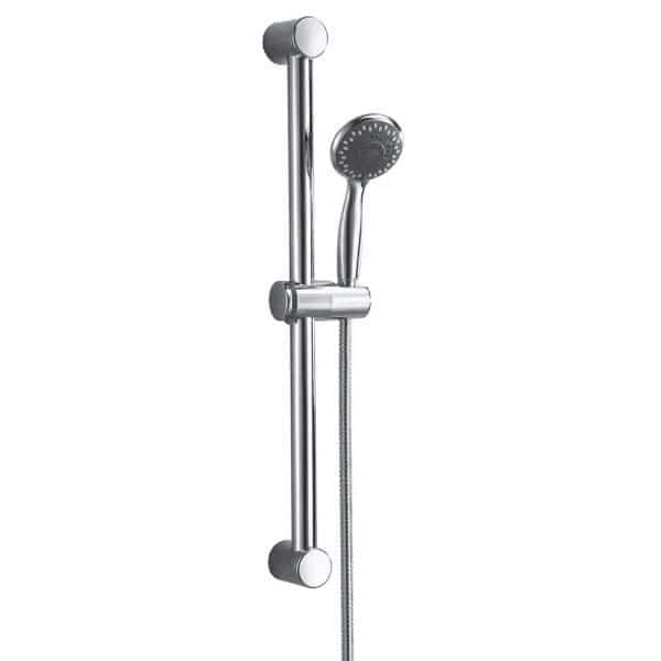 Shower slide rail with adjustable handheld shower head in chrome finish for modern Bubly Bathrooms.