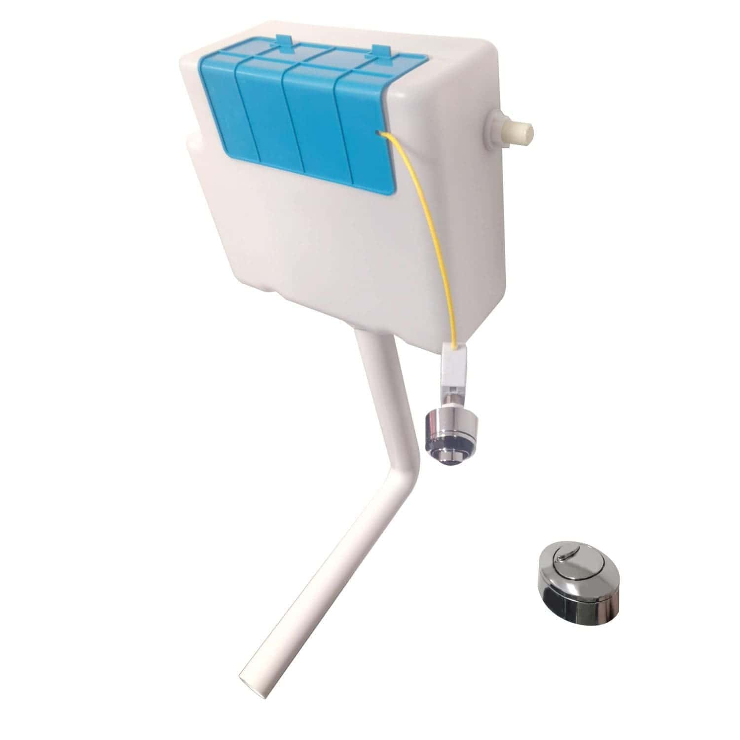 Pump action toilet cistern with blue water weights for efficient flushing in modern bathroom design. Suitable for various toilet models, ensuring reliable water management.