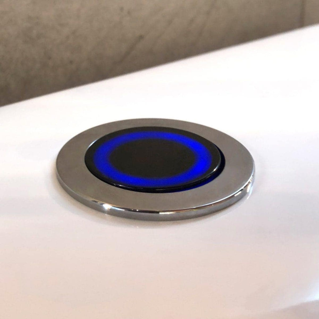 Sleek modern bathroom heater with blue LED lighting, stainless steel finish, designed for stylish and efficient bathroom heating and comfort.