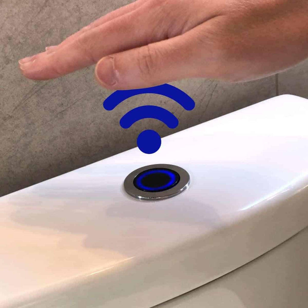 Wireless bathroom flush button with Wi-Fi icon for smart bathroom technology at Bubly Bathrooms.