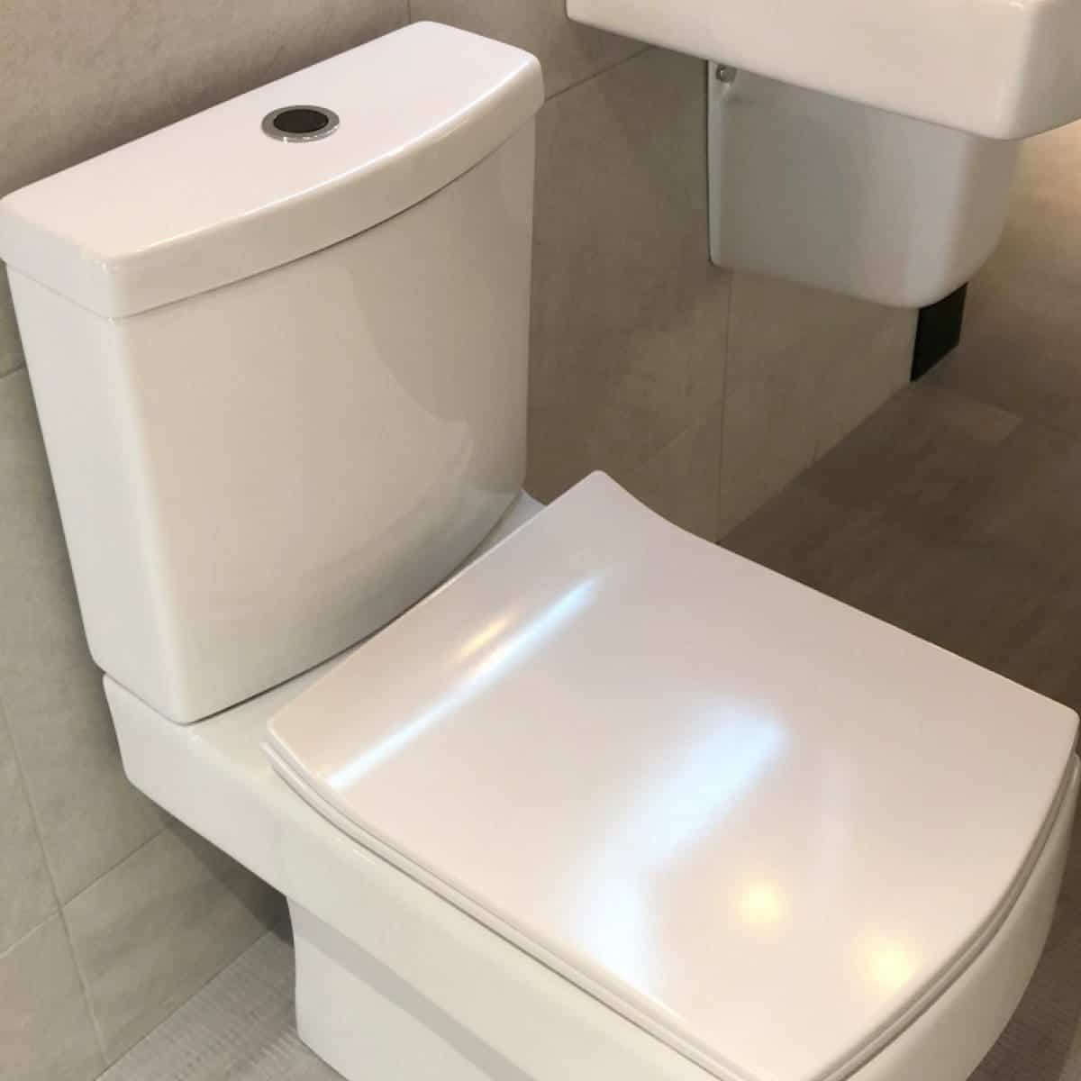 Sleek white modern dual flush toilet with eco-friendly water-saving cistern, in a contemporary bathroom setting.