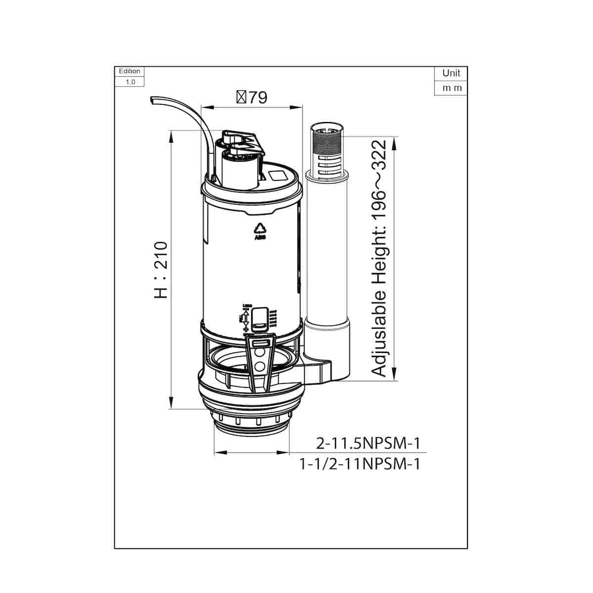 Bathroom toilet cistern with adjustable height and detailed technical diagram. Suitable for modern bathroom installations, ensuring optimal space utilisation and reliable flushing mechanisms.