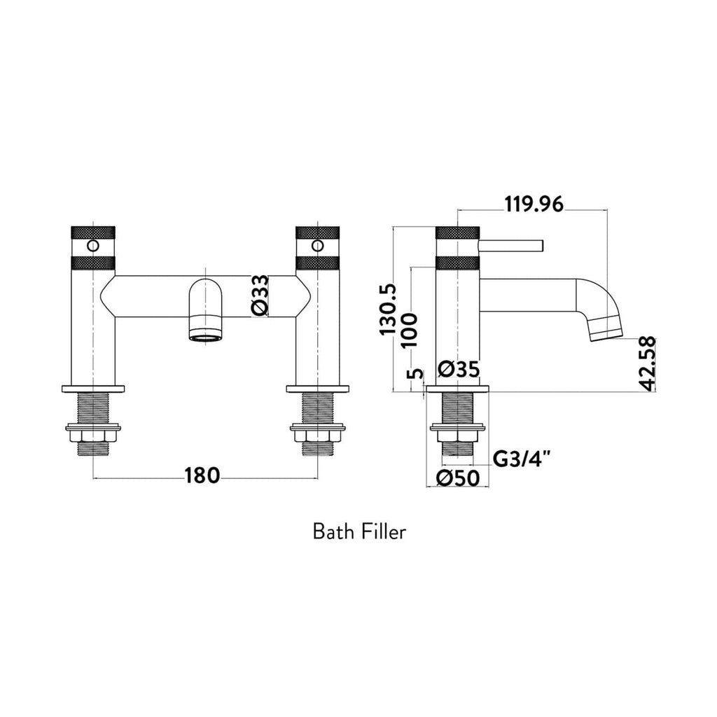 High-quality technical drawing of a bathroom filler tap with precise measurements and specifications, ideal for bathroom renovation or plumbing projects.
