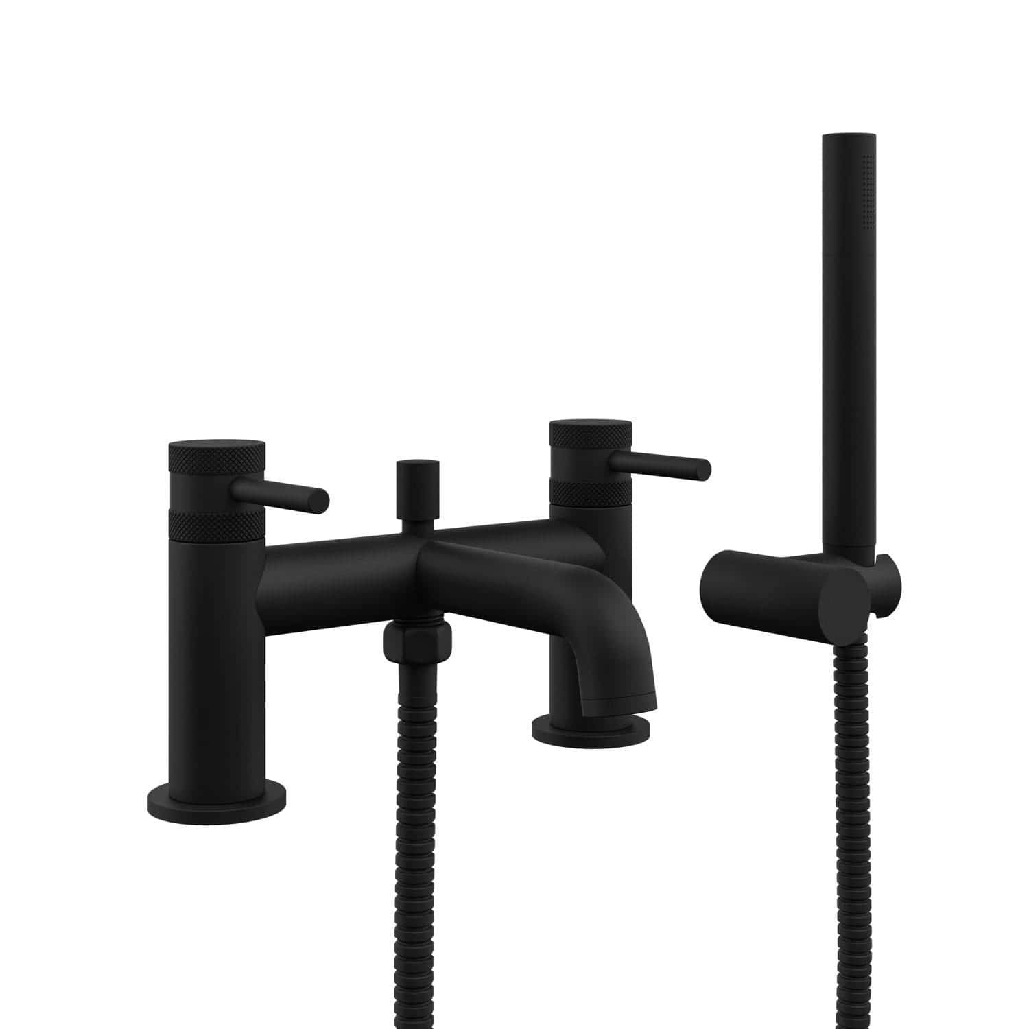Black matte vintage bathtub mixer tap with handheld shower and flexible hose, perfect for modern bathrooms and stylish bathroom remodels.