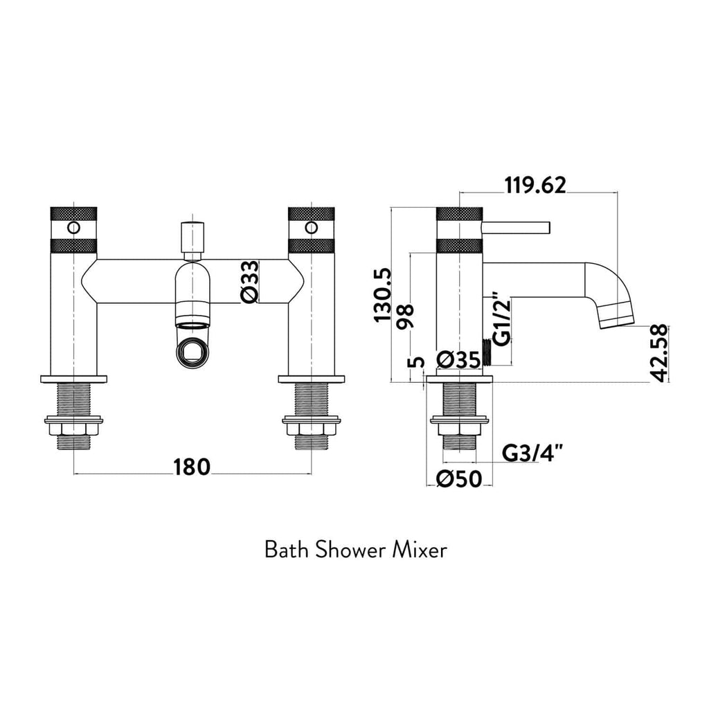 High-quality technical drawing of a bath shower mixer with detailed measurements and specifications for bathroom plumbing installations.