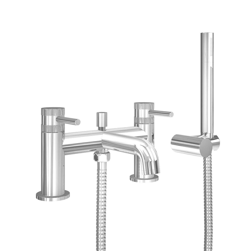 Sleek modern chrome bathroom bath filler tap with a built-in hand shower and flexible hose, ideal for stylish contemporary bathrooms and high-quality fixtures.