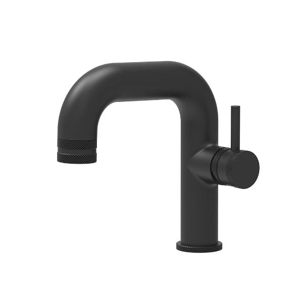 Black modern bathroom tap with a sleek, curved design, featuring a single lever handle for easy water control, ideal for contemporary bathroom sinks.