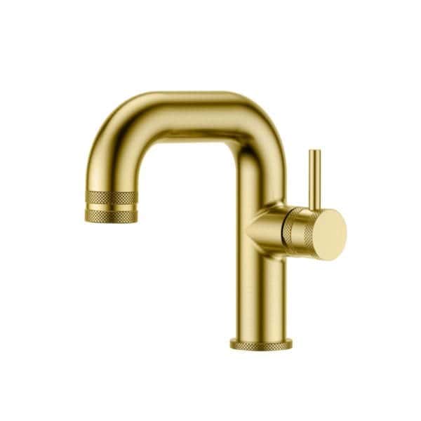 Brass bathroom faucet with modern design, gold finish, and side handle. Perfect for contemporary bathroom renovation and high-end fixture installations.