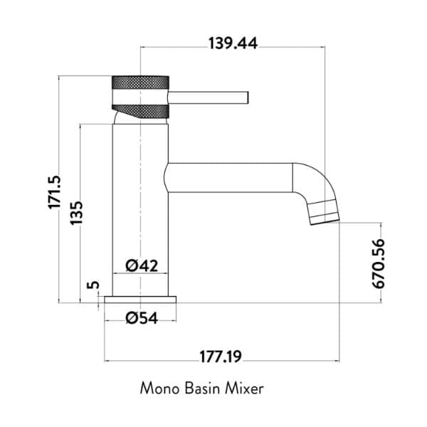 Mono Basin Mixer tap plumbing diagram with technical measurements, ideal for modern bathroom renovations and installations.