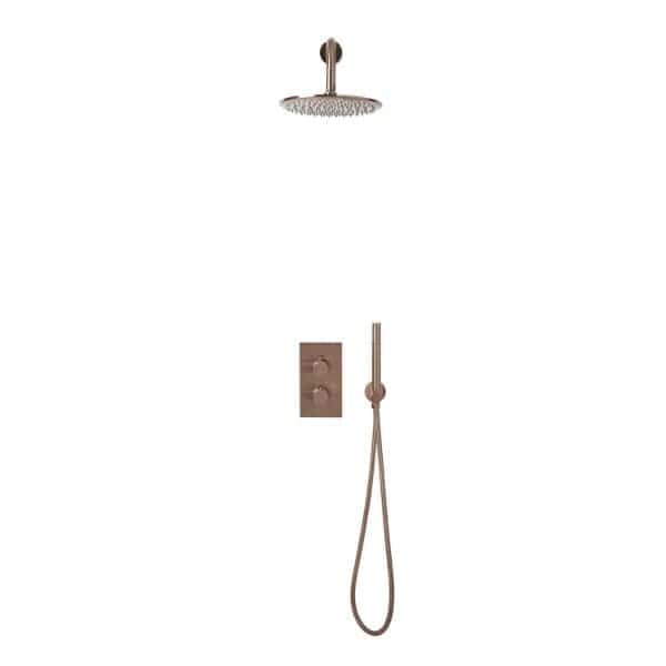 Shower head and handheld shower set with modern rose gold finish for a luxurious bathroom upgrade.