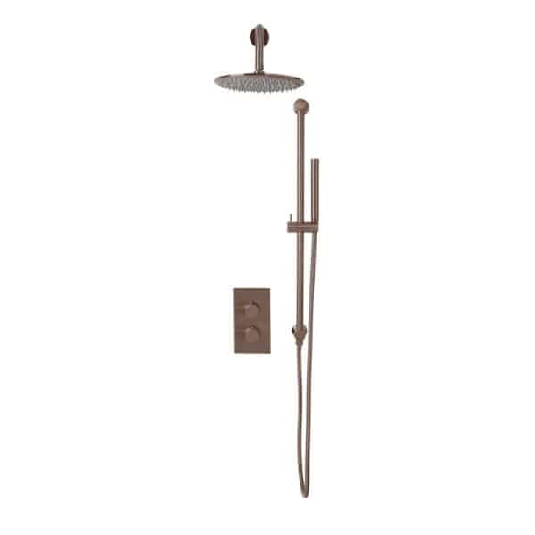 Deluxe bronze rainfall shower system with overhead rain shower and hand shower for modern Bubly Bathrooms. Perfect for a luxurious and stylish bathroom upgrade.