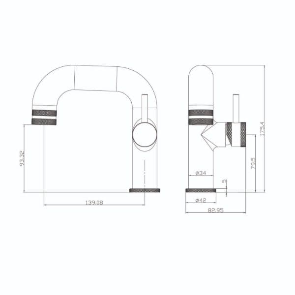 High-quality technical drawing of a bathroom tap with detailed measurements and design specifications. Ideal for bathroom design, installation, or plumbing projects.