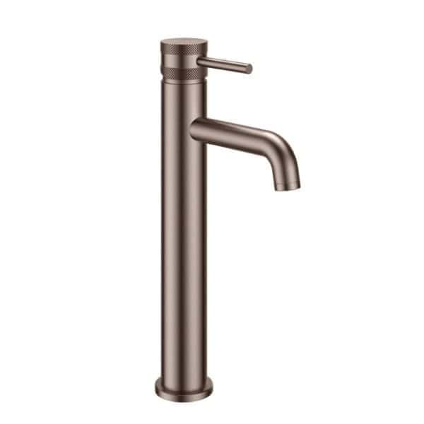 Brushed nickel bathroom monobloc basin tap with sleek modern design.