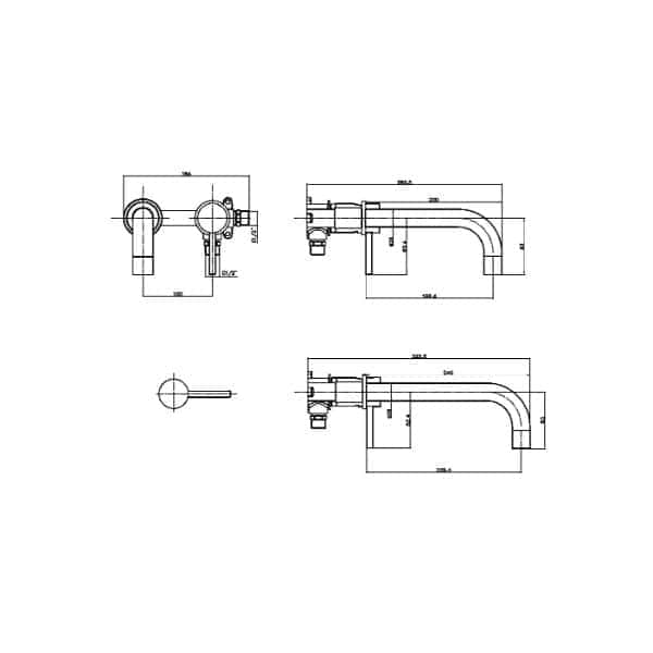 Faucet technical drawing with detailed measurements for bathroom installation.
