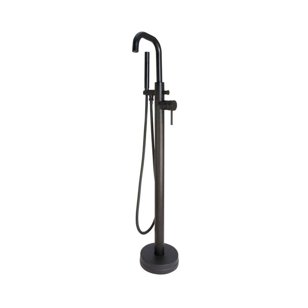Chrome-plated freestanding bathroom mixer tap with hand shower, perfect for modern Bubly bathrooms, featuring a sleek black finish, designer style, and durable materials for contemporary bathroom decor.
