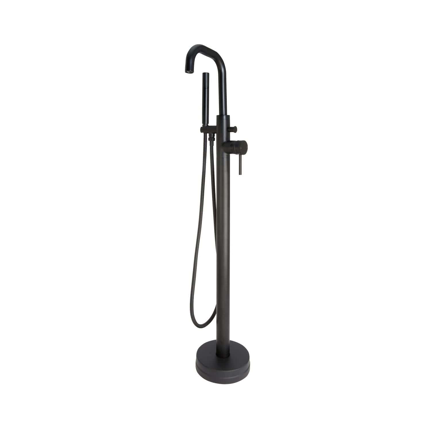 Chrome-plated freestanding bathroom mixer tap with hand shower, perfect for modern Bubly bathrooms, featuring a sleek black finish, designer style, and durable materials for contemporary bathroom decor.