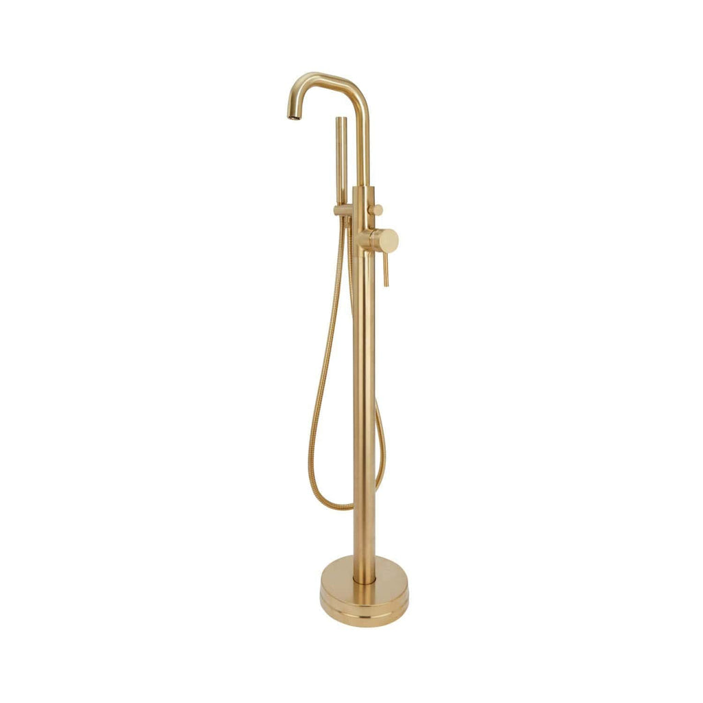 Gold freestanding bathroom mixer tap with handheld shower head and hose, modern bathroom fixture for luxury bathrooms, high-quality gold finish, stylish and functional design.