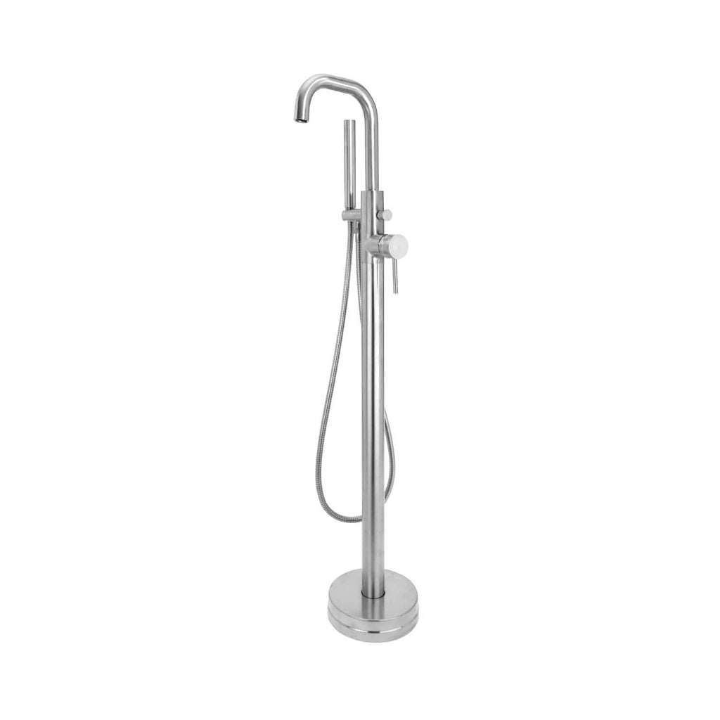 Polished stainless steel bathroom hand shower with adjustable height and flexible hose, ideal for modern bathroom use.