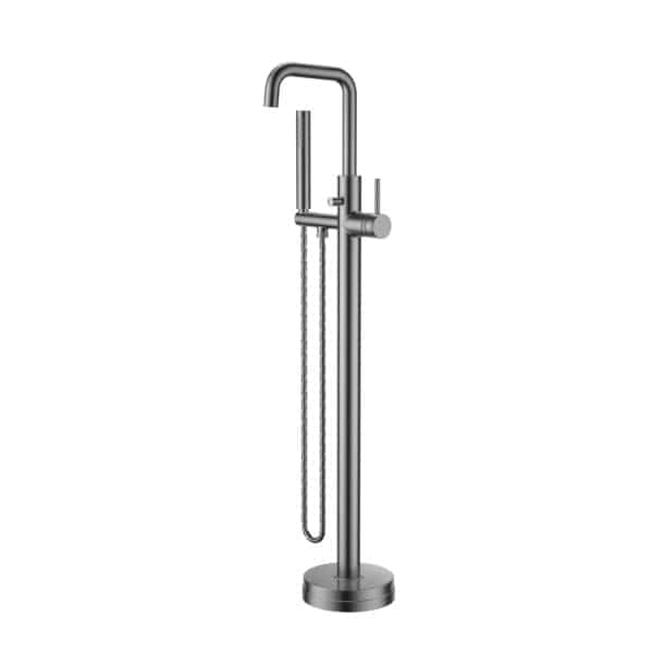 Stainless steel freestanding bathroom shower rail with adjustable height and handheld shower head, ideal for modernizing your Bubly bathroom.