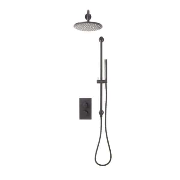 Modern black rainfall shower head with handheld attachment and wall controls for luxurious bubly bathrooms.