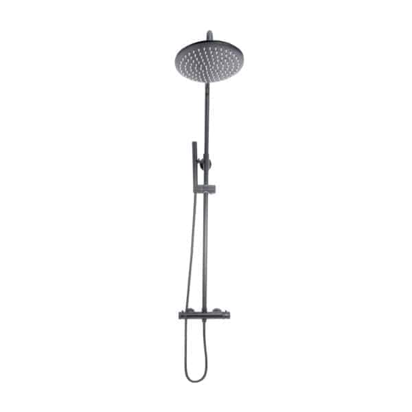 Shower head with adjustable handheld and overhead rain shower in modern bathroom setting.