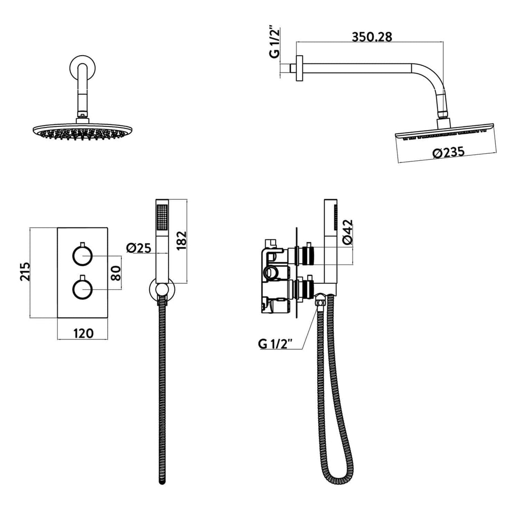 Elegant shower system schematic with overhead rain shower, handheld shower, and wall-mounted controls for luxurious bathroom upgrades.
