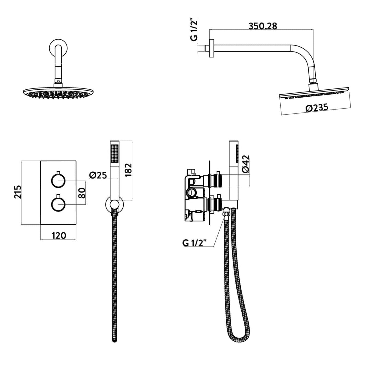 High-quality showerhead and controls from Bubly Bathrooms, featuring detailed technical specifications for modern bathroom installations and innovative plumbing solutions.