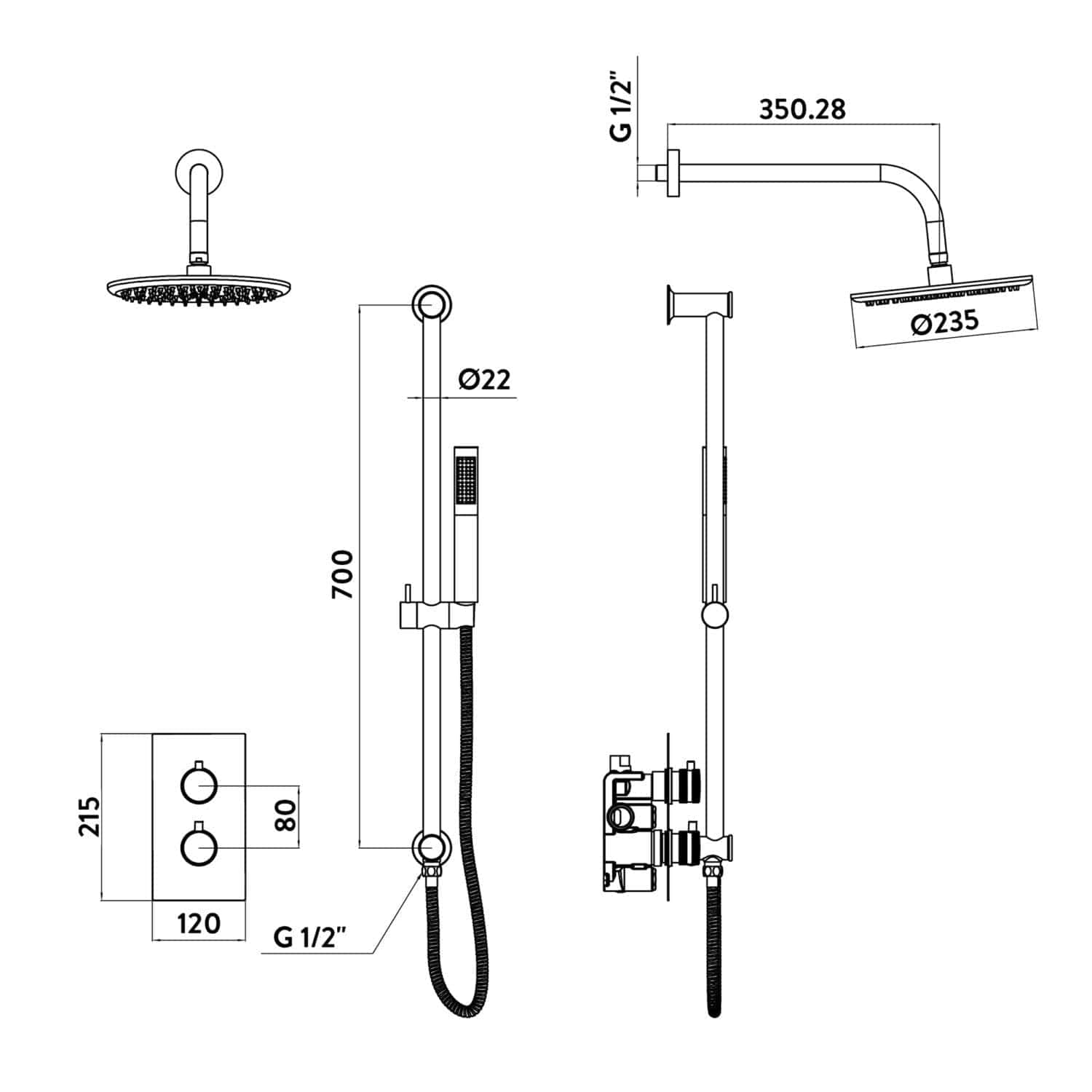 Elegant shower system diagram showcasing modern bathroom fixtures, including overhead shower, handheld shower, and wall-mounted controls, ideal for custom bubly bathrooms.