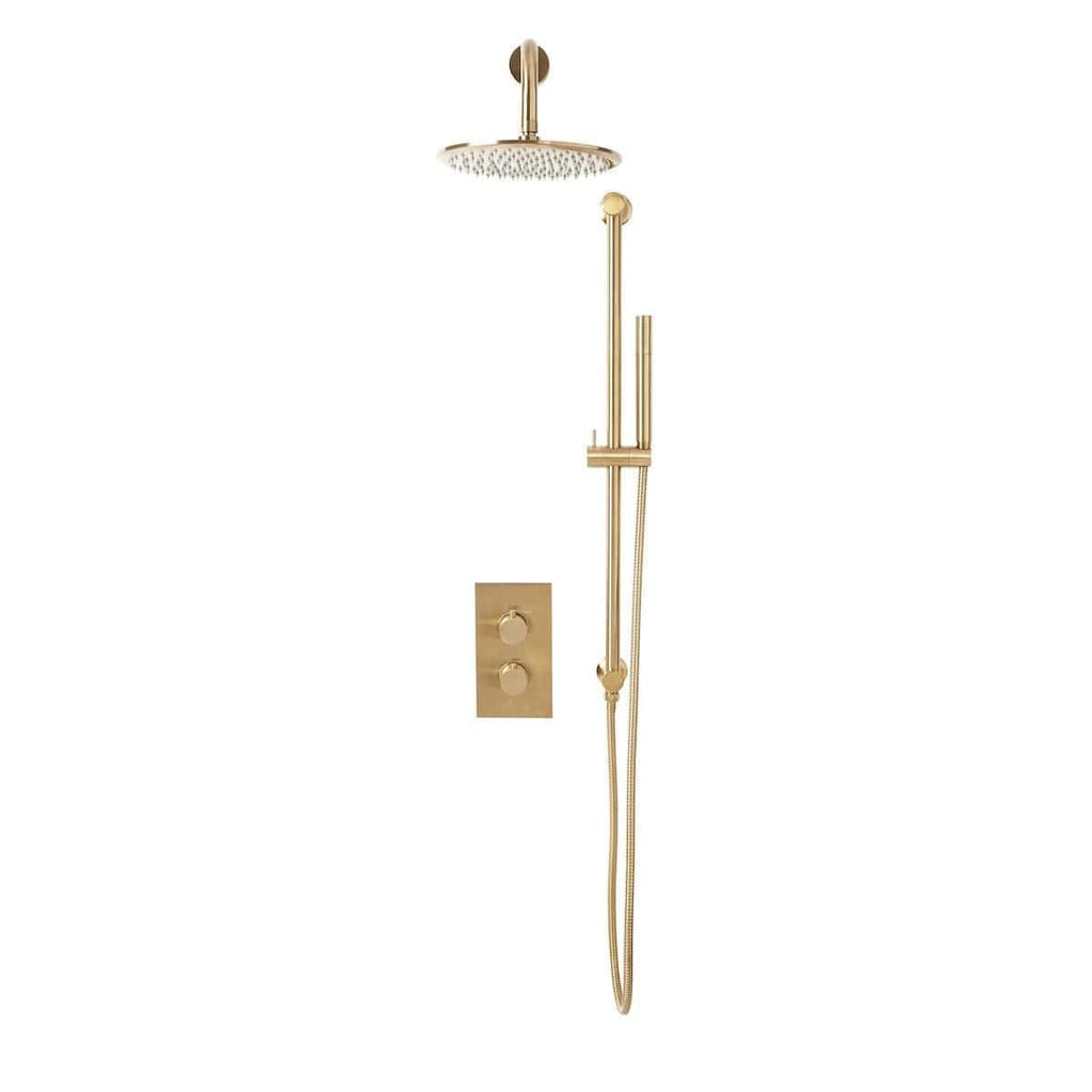 Luxurious gold rainfall shower system with handheld shower head, wall mount, and modern fixtures, perfect for stylish bathroom renovations and spa-like shower experiences.
