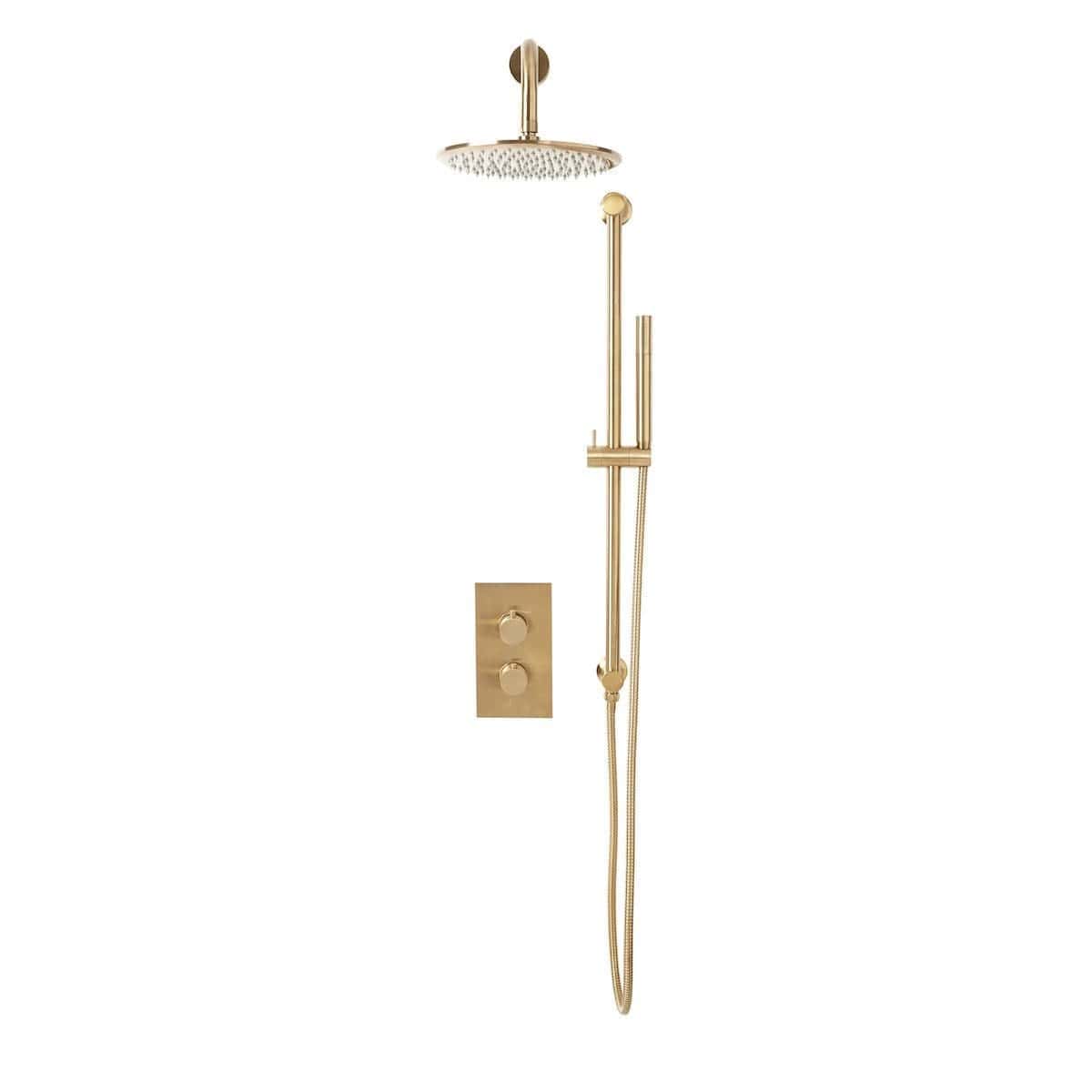 Luxurious gold rainfall shower system with handheld shower head, wall mount, and modern fixtures, perfect for stylish bathroom renovations and spa-like shower experiences.