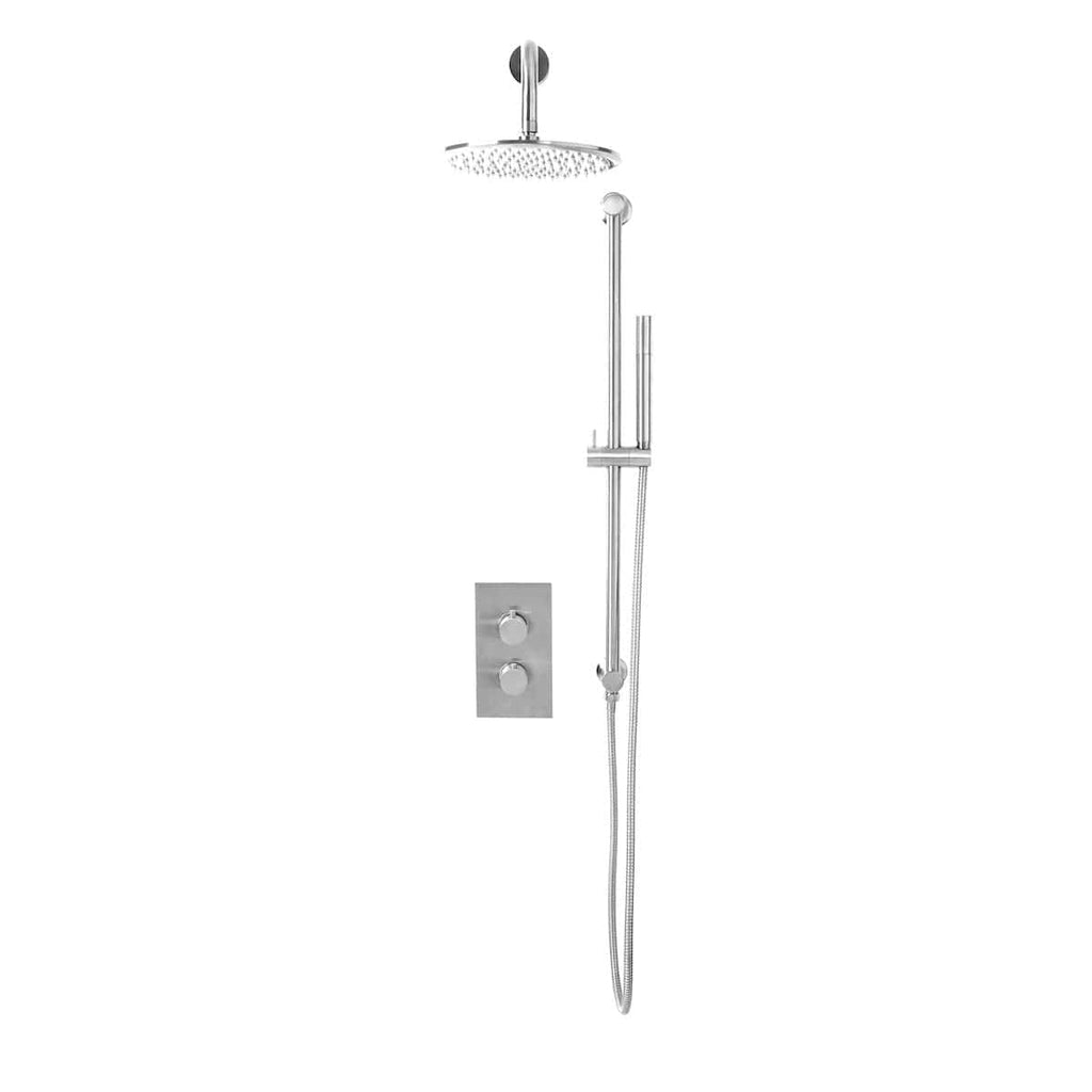 Shower system with rainfall and handheld shower, modern chrome finish, wall-mounted controls, ideal for luxury bathroom renovation or upgrade.