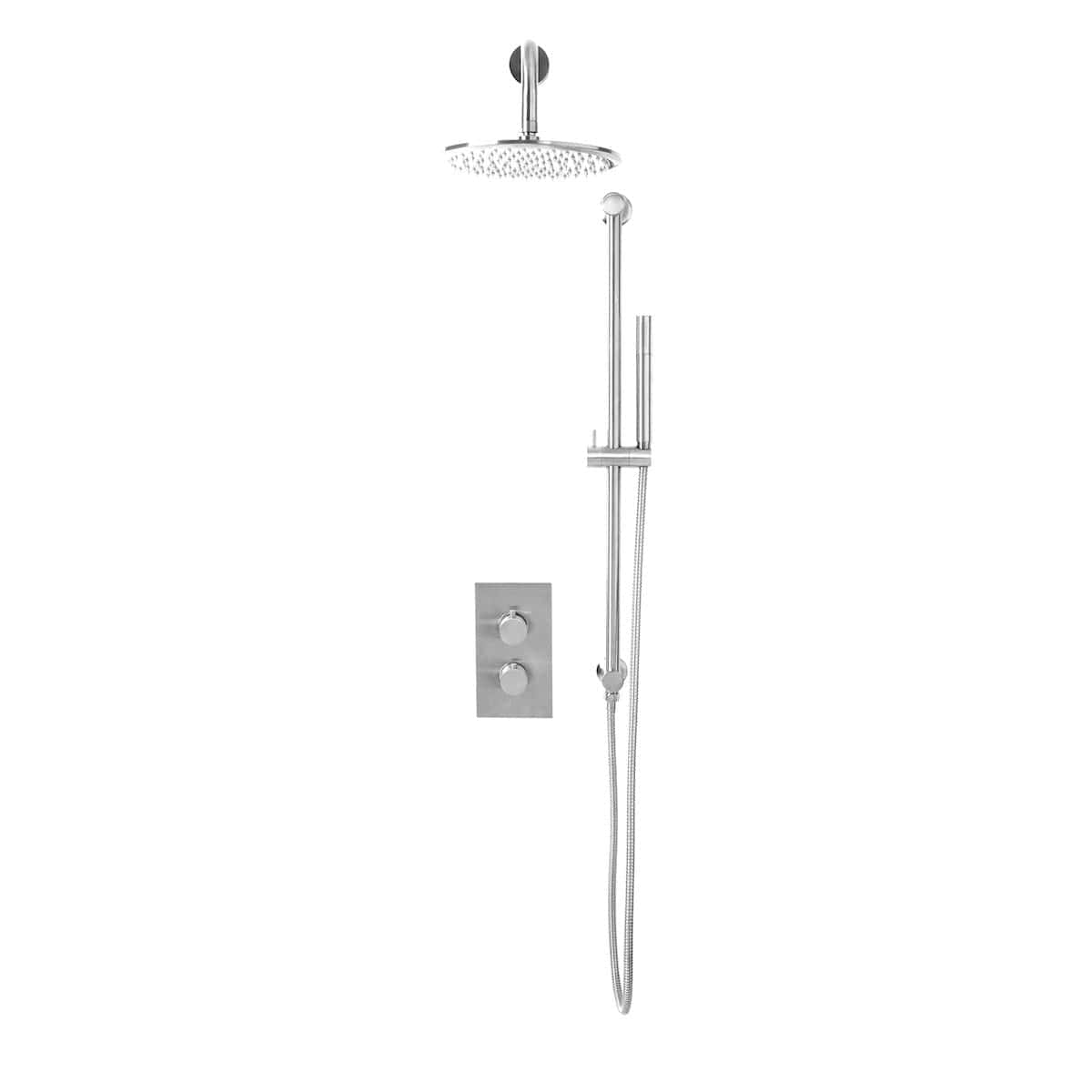 Shower system with rainfall and handheld shower, modern chrome finish, wall-mounted controls, ideal for luxury bathroom renovation or upgrade.