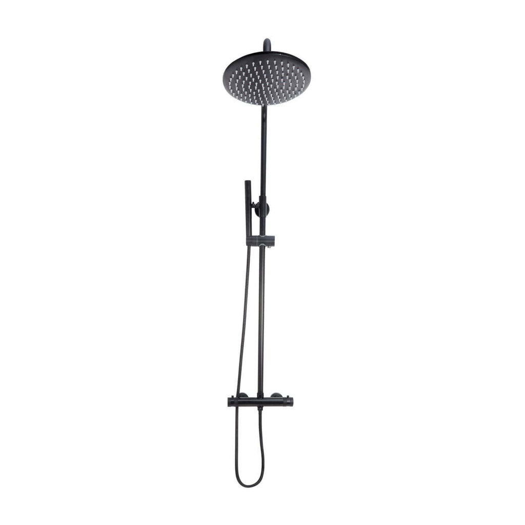 Modern black rain shower head with adjustable handheld shower in a sleek bathroom setting, perfect for luxury bathroom upgrades and creating a spa-like shower experience.