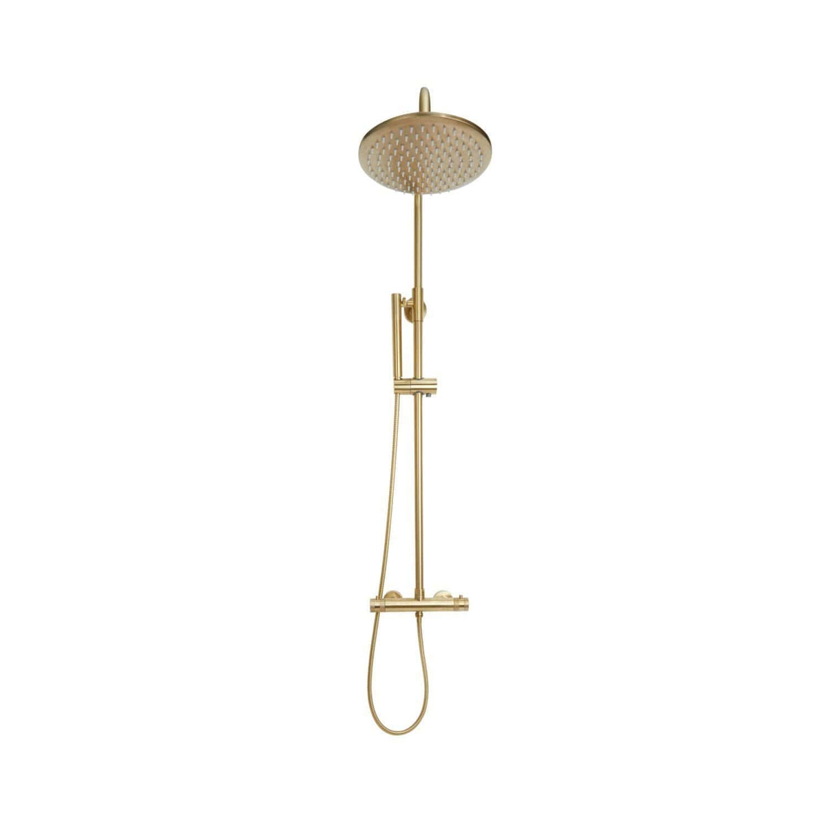 Shower system with overhead rain shower and handheld shower head in gold finish, suitable for modern bathrooms.