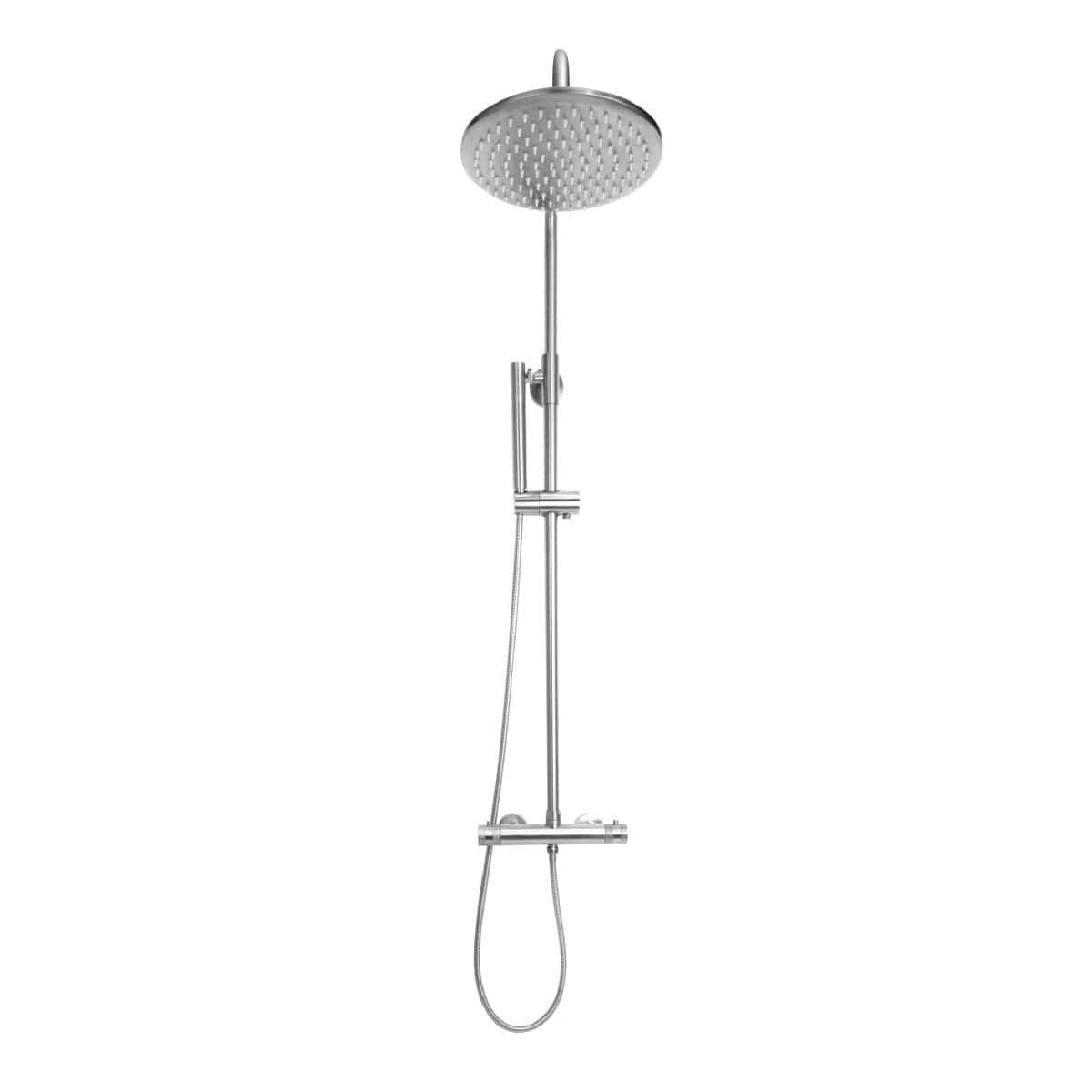 Showerhead and handheld shower for modern bathroom, chrome finish, adjustable height, water-saving design, ideal for luxury bathrooms and shower remodels.