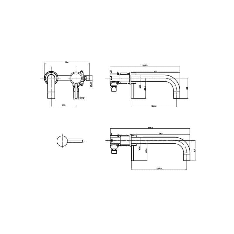 Adjustable bathroom tap technical drawing with detailed measurements and dimensions, showcasing modern bathroom fixture design for plumbing and renovation projects.