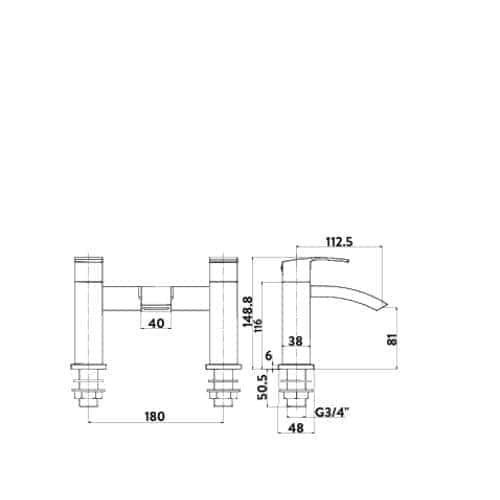 Chrome bathroom tap blueprint with detailed measurements and technical specifications for installation. Suitable for modern bathroom design, showcasing precision engineering and craftsmanship.