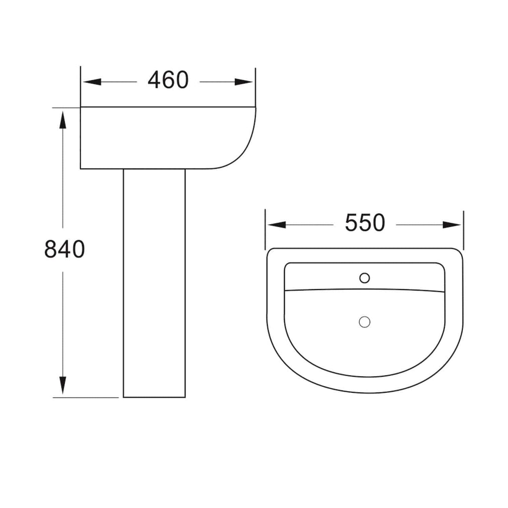 Elegant bathroom sink with a curved front design, matching dimensions of 550mm width and 460mm depth, featuring a sturdy pedestal for a modern, stylish bathroom setup.