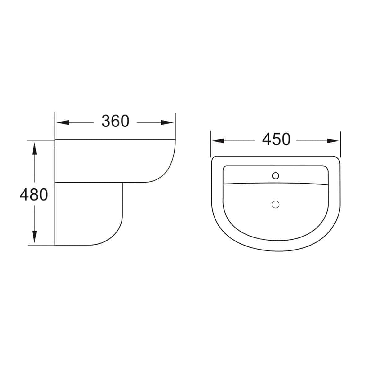 Elegant bathroom sink with modern design, measuring 480mm high, 360mm deep, and 450mm wide, featuring sleek curves and practical dimensions for contemporary bathroom spaces.