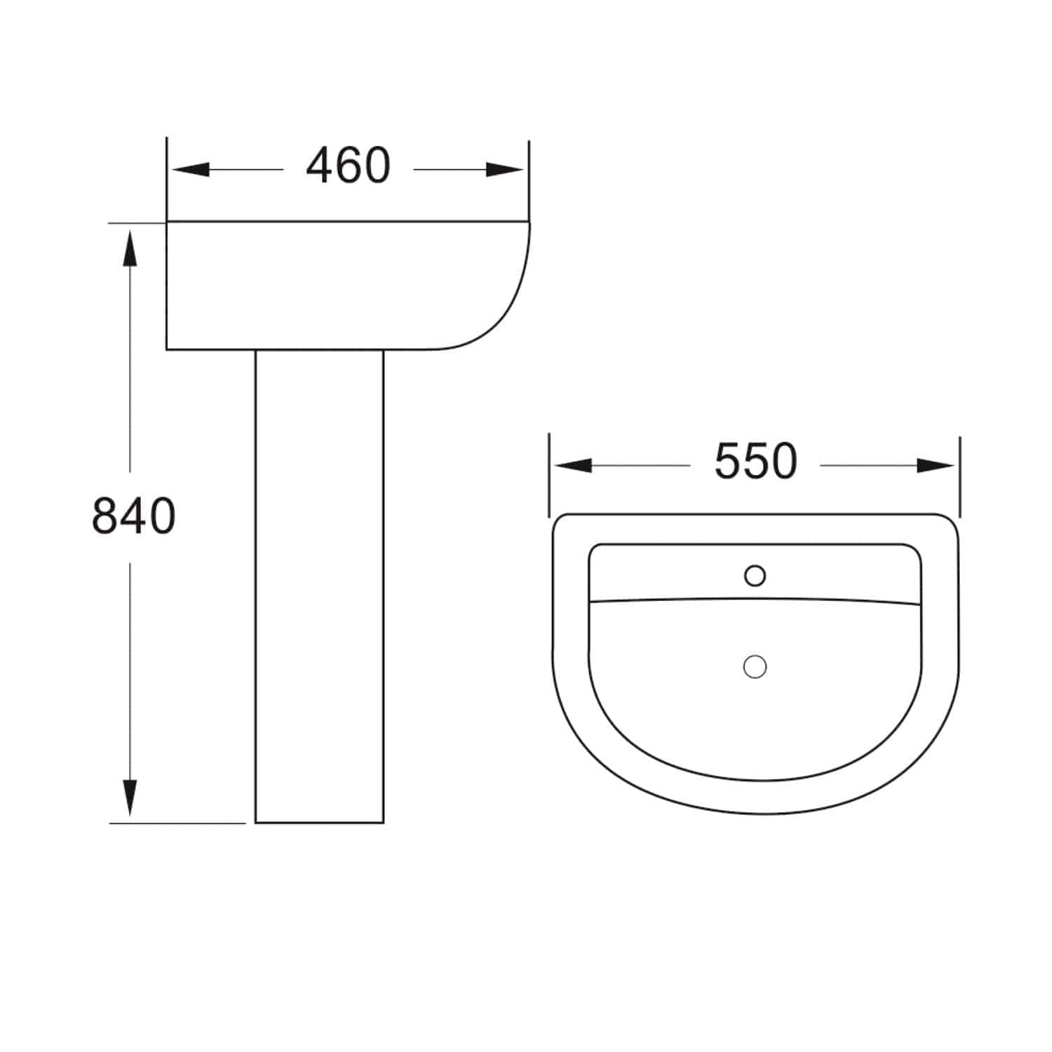 High-quality bathroom sink with precise measurements, featuring a stylish and functional design ideal for modern bathrooms, detailed technical drawing with dimensions for installation.