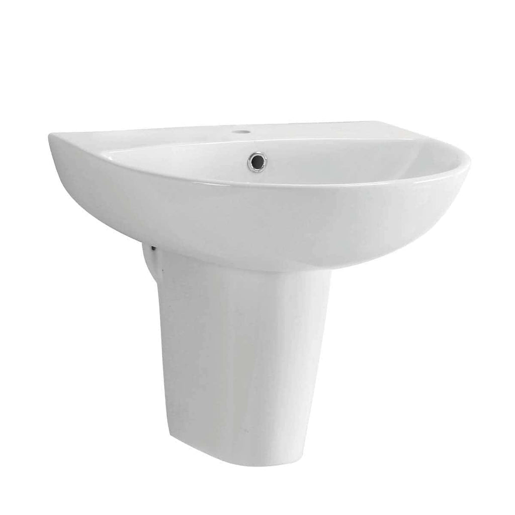 Sleek white pedestal wash basin from Bubly Bathrooms, ideal for modern bathroom designs, featuring smooth curves and durable ceramic construction. Perfect for creating a stylish, functional space.