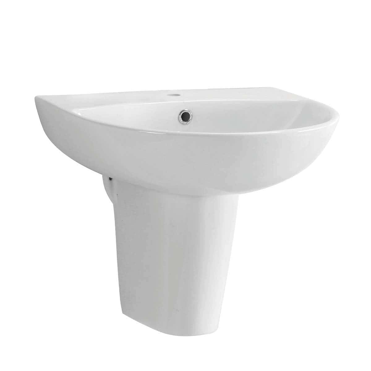 Sleek white pedestal wash basin from Bubly Bathrooms, ideal for modern bathroom designs, featuring smooth curves and durable ceramic construction. Perfect for creating a stylish, functional space.