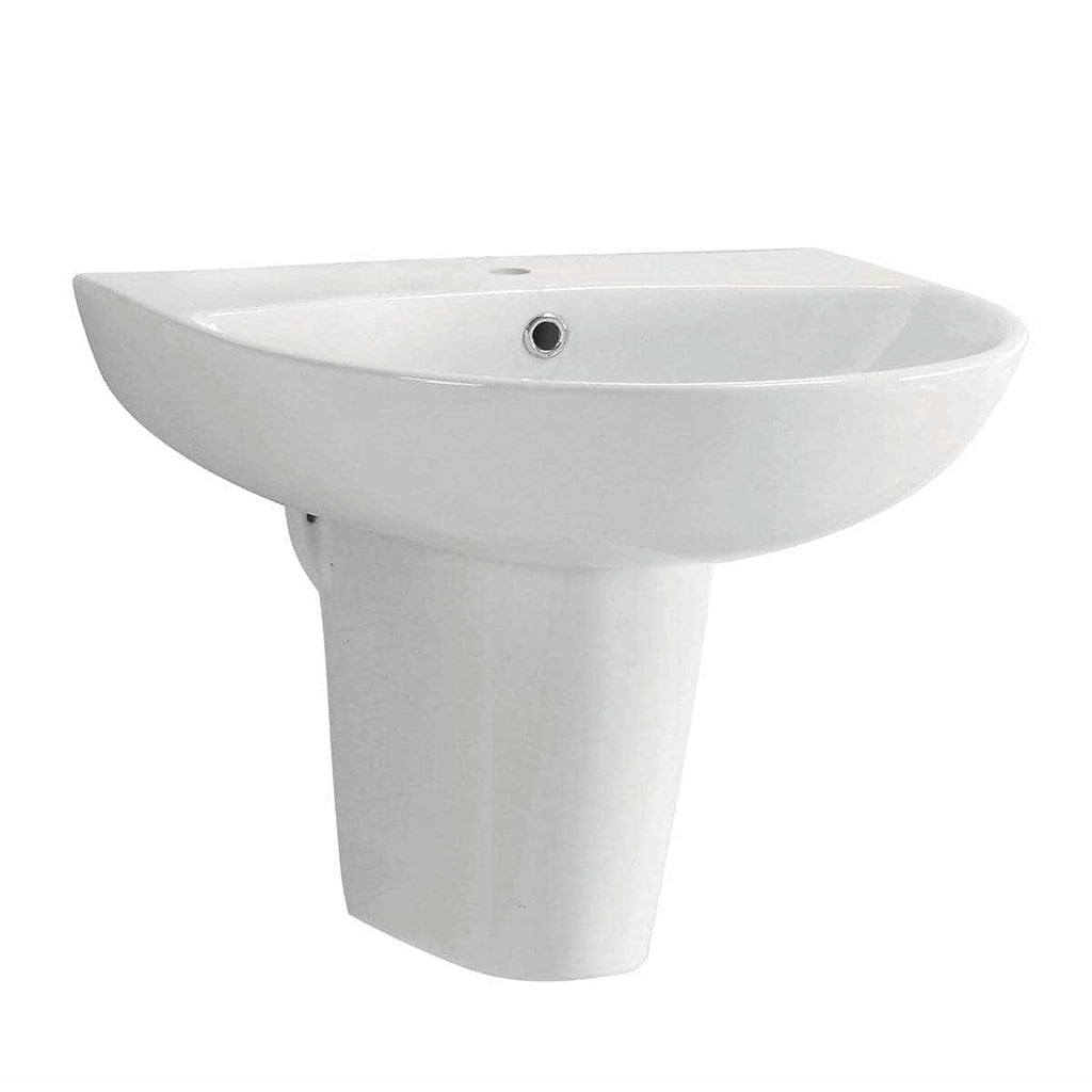 Sleek white bathroom sink with pedestal, perfect for modern bathrooms, featuring a smooth ceramic finish and a centrally positioned drain hole for efficient water flow and easy cleaning.